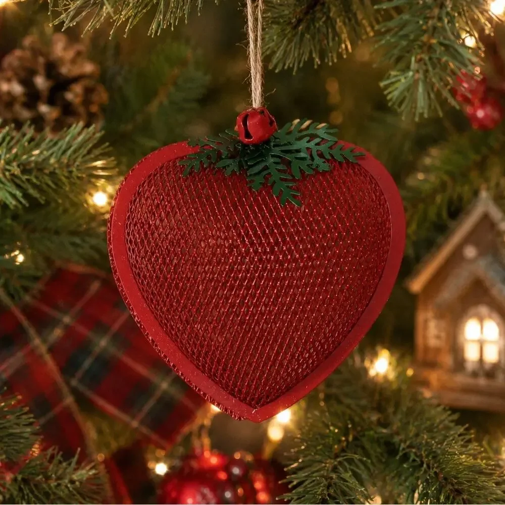🎄❤️ 🎁Red Heart Metal Mesh Christmas Ornament Jingle Bell Holiday Cottagecore